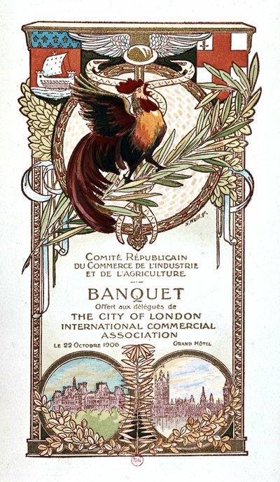 Rooster and Monuments, banquet menu of the Republican Committee on Trade, Industry and Agriculture offered 22.11.1906 to the delegates of the City of London international commercial association by Nathan Weill