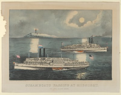 Steamboats Passing at Midnight - On Long Island Sound by Currier and Ives