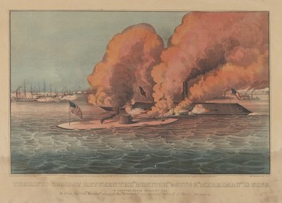 Terrific Combat Between the Monitor 2 Guns & Merrimac 11 Guns - In Hampton Roads March, 1862 by Currier and Ives