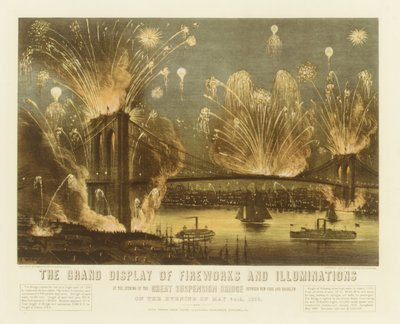 The Grand Display of Fireworks and Illuminations at the Opening of the Great Suspension Bridge by Currier and Ives