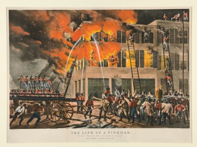 The Life of a Fireman / The Fire. - "Now then with a will - Shake her up, boys!" by Nathaniel Currier