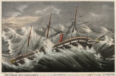 The steamship President, the largest in the world, commanded by Lieutenant Roberts during his last voyage from New York to Liverpool, in the storm of March 12 by Nathaniel Currier