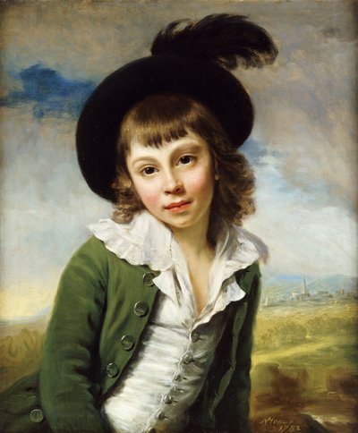 The Green Boy: A Portrait of a Boy Half Length, in a Green Coat and Black Hat with a Feather Plume by Nathaniel Hone