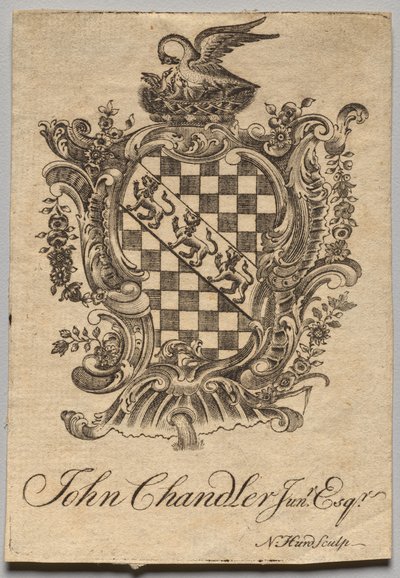 Bookplate: Coat of Arms with John Chandler Jun.r, Esq. inscribed by Nathaniel Hurd