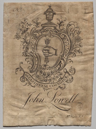 Bookplate: Coat of Arms with John Lowell inscribed by Nathaniel Hurd