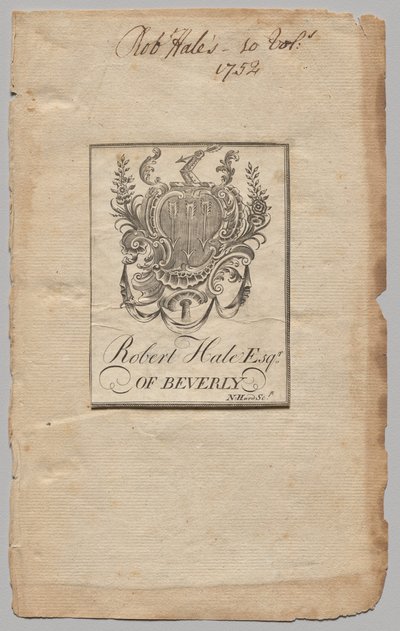 Bookplate: Coat of Arms with Robert Hale, Esq. inscribed by Nathaniel Hurd