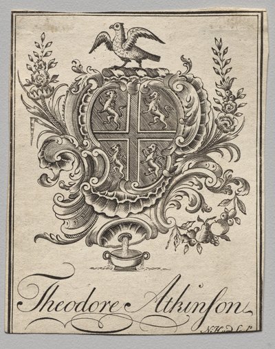 Bookplate: Coat of Arms with Theodore Atkinson inscribed by Nathaniel Hurd