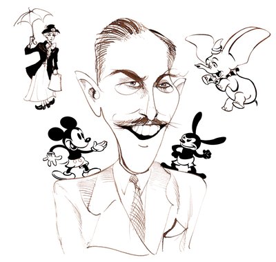 Walt Disney, American Film Producer, Business Magnate, Cartoonist and Animator; Caricatured with Mary Poppins by Neale Osborne