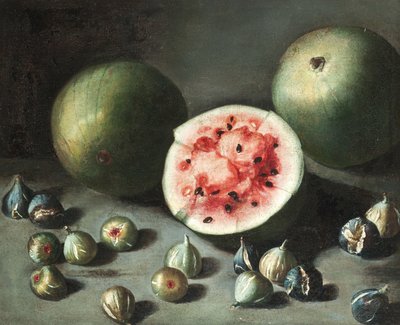 Watermelons and Figs on a Stone Ledge by Neapolitan School