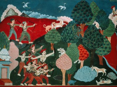 A King Spending His Days Killing Poor Gazelles for No Reason, Later, in Another Life, He is Gazelle and is Killed by Hunter (detail) by Nepalese School