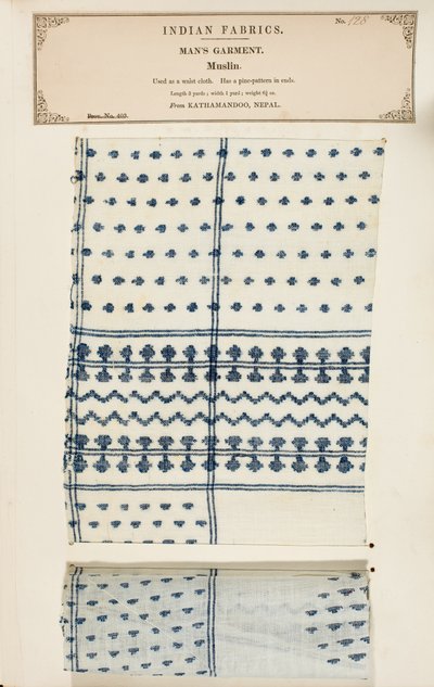Muslin sample from Kathamandoo in Nepal, from The Collection of the Textile Manufacturers of India, by John Forbes Watson, published in 1866 by Nepalese School