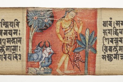 Sudhana Traveling Through a Rocky Landscape with Two Bulls, from the Gandavyuha by Nepalese School