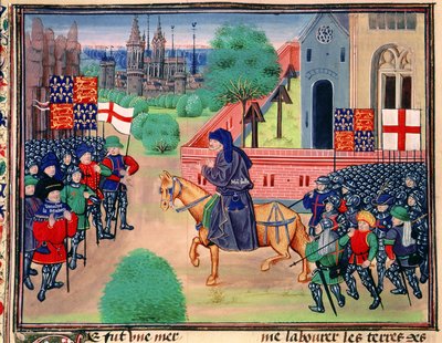 Peasants revolt showing the banners of England and St. George, John Ball shown leading the rebels (illustration from 