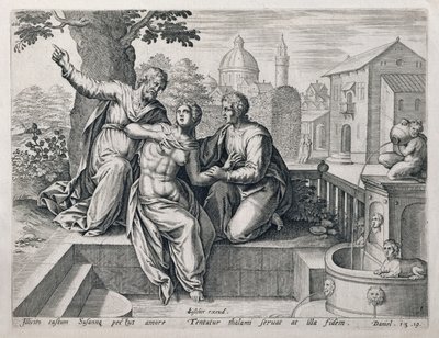 Susanna and the Elders, from a series illustrating scenes from The Bible, pub. by Claes Jansz Visscher by Netherlandish School