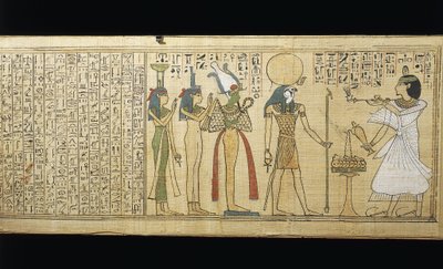 Papyrus of Khonsumes, The Book of the Dead: the deceased making offerings to Osiris, Isis and Nephthys by New Kingdom Egyptian