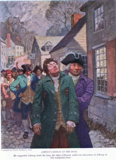Johnnys defeat at the dock: He supported Johnny down the lane. The others followed calling out obscenities in low malignant tones by Newell Convers Wyeth