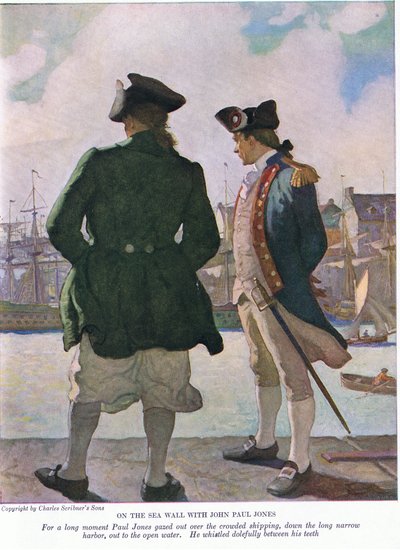 On the sea wall with John Paul Jones: For a long moment John Paul gazed out over the shipping along the harbour to the open water by Newell Convers Wyeth