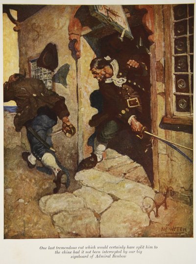 One last tremendous cut which would certainly have split him to the chine had it not been intercepted by our big signboard of Admiral Benbow, an illustration from Treasure Island by Robert Louis Stevenson by Newell Convers Wyeth