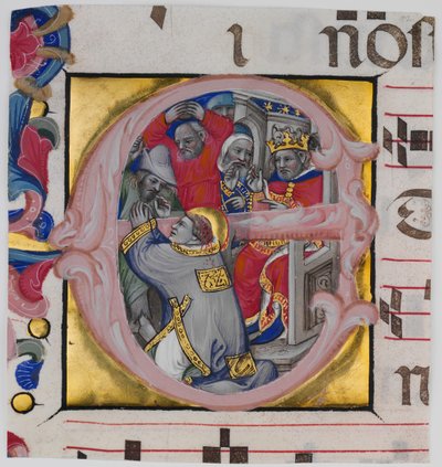 Manuscript Illumination with the Martyrdom of Saint Stephen in an Initial E by Niccolò di Giacomo da Bologna