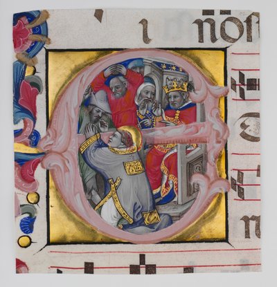 Manuscript Illumination with the Martyrdom of Saint Stephen in an Initial E by Niccolò di Giacomo da Bologna