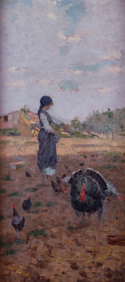 A Young Girl Feeding Turkeys by Niccolo Cannicci