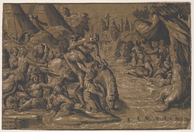 Cloelia the Roman hero in the centre being helped onto a horse, Rome in the background, 1540-50 by Niccolo Vicentino