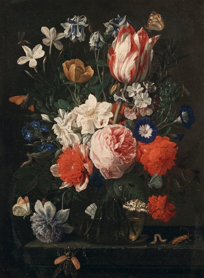 A Rose, a Tulip, Morning Glory and Other Flowers in a Glass Vase on a Stone Ledge by Nicholaes van Verendael