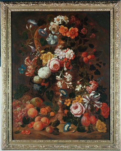 Roses, Dahlias, Convolvulus, a Tulip and Other Flowers in a Sculpted Urn, with Grapes, Plums and Peaches Nearby by Nicholaes van Verendael
