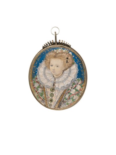 A girl of the Elizabethan court, aged 6, in elaborate dress and lace ruff by Nicholas Hilliard