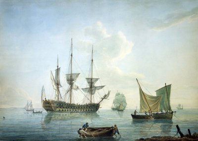 Third-class frigate (70 cannons), a fishing boat and other boats off the south coast of England by Nicholas Pocock