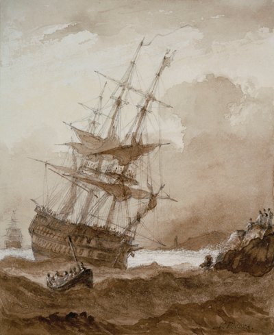 Two-decker in a gale off shore by Nicholas Pocock