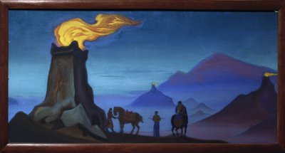 The Flames of Victory. (Silhouettes of horsemen in the Himalayas, in the evening). by Nicholas Roerich