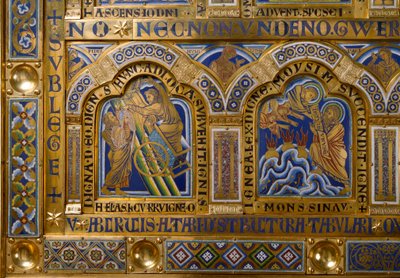 Verdun Altar made in gold and enamel by Nicolas de Verdun (ca.1130/50-1205): scenes from the Old and New Testament: (detail) depicting the Ascension of Elijah and Moses receiving the Tables of the Law. 12th century Klosterneuburg Vienna, Austria by Nicholas of Verdun