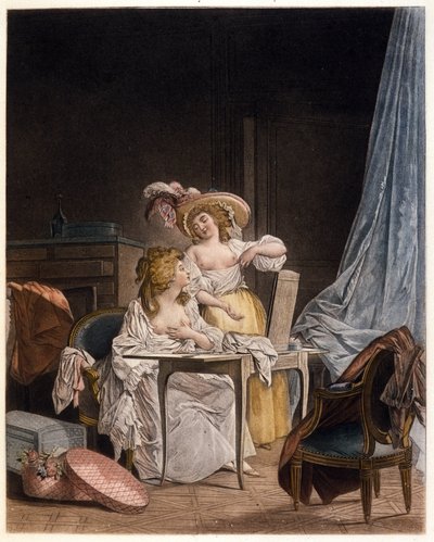 The comparison. Two women compare the size of their chest. Engraving by Nicolas Lavreince, circa 1782. by Niclas II Lafrensen