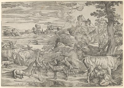 Landscape with a milkmaid at right and a boy at left by Nicolò Boldrini