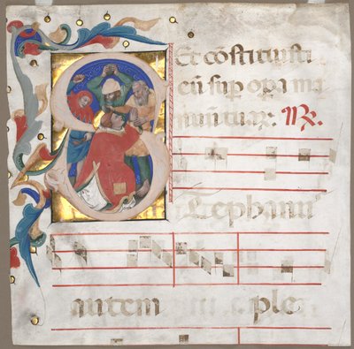 Fragment of an Antiphonary with Historiated Initial (S): The Stoning of St. Stephen by Nicolò da Bologna