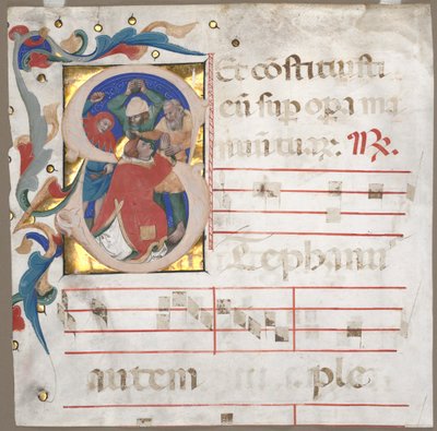 Fragment of an Antiphonary with Historiated Initial S: The Stoning of St. Stephen, c. 1370-1372 by Nicolò da Bologna