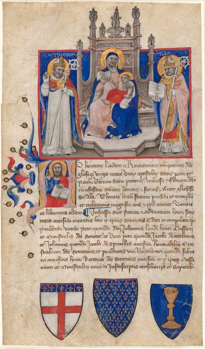 Madonna and Child Enthroned between Saints Petronius and Alle (Eligius); Christ in the Initial A by Nicolò da Bologna