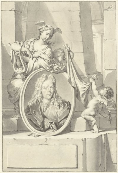 Putti and a Woman by a Medallion with the Portrait of Arnold Houbraken by Nicolaas Verkolje