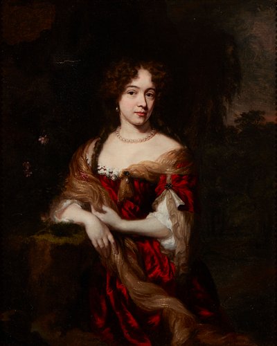 Three Quarter Length Portrait of a Lady in a Red Dress by Nicolaes (follower of) Maes