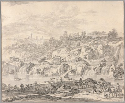Landscape with Waterfalls and Bridges, Peasants in the Foreground by Nicolaes Berchem