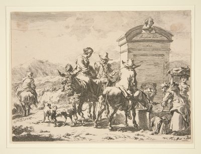 Untitled - Genre Scene with People on Donkeys and a Tombstone by Nicolaes Berchem
