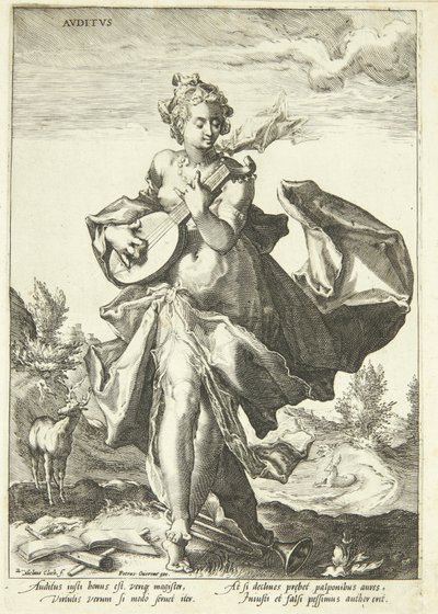 Hearing by Nicolaes Jansz. Clock