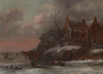 A Winter Landscape with Figures Sledding on a Frozen River by Nicolaes Molenaer