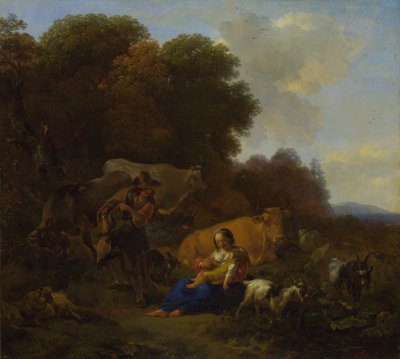 A Peasant Playing a Hurdy-Gurdy to a Woman and Child by Nicolaes Pietersz. Berchem