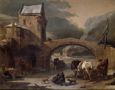 A Winter Landscape with Peasants and Horses on a Frozen Canal by a Fortified Bridge by Nicolaes Pietersz. Berchem