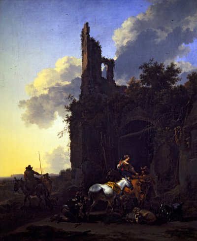 An Italianate Landscape with Peasants Outside an Inn by Nicolaes Pietersz. Berchem