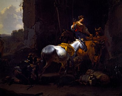 An Italianate Landscape with Peasants Outside an Inn by Nicolaes Pietersz. Berchem