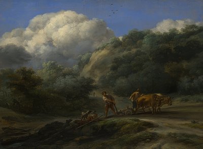 A Man and a Boy Plowing with Oxen by Nicolaes Pietersz. Berchem