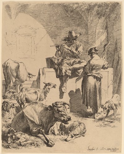 The Shepherd Seated on a Fountain and the Spinner by Nicolaes Pietersz Berchem